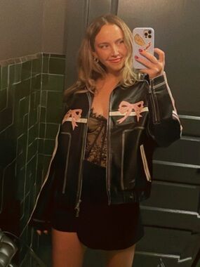 Black Faux Leather Jacket with Pink Bow Accents